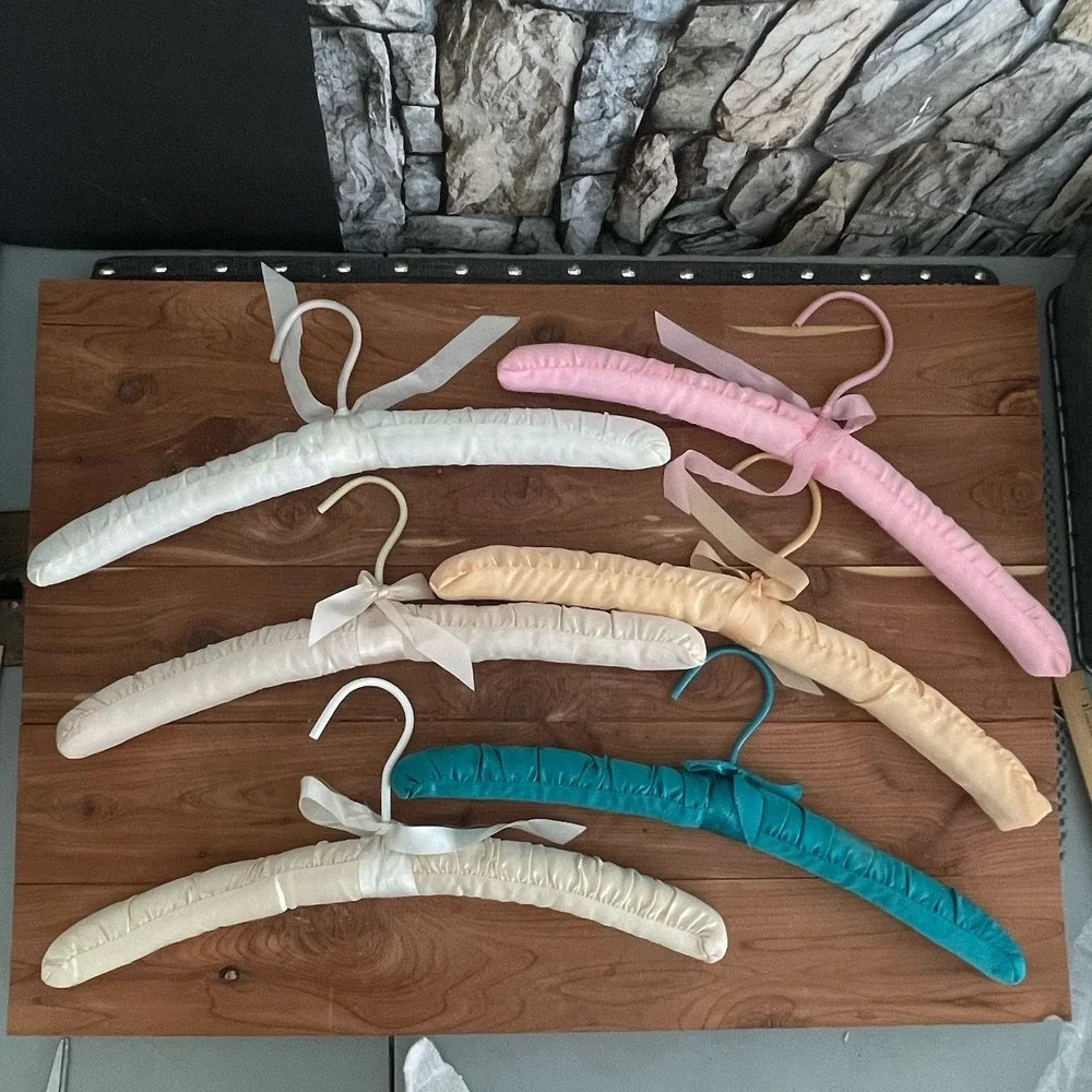 6 Vintage Pastel Padded Satin Lingerie Boudoir Clothes Hangers Lace Ribbon 15